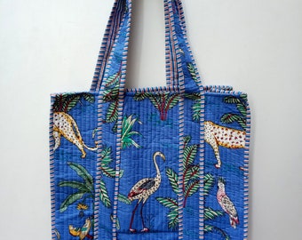 Coton matelassé imprimé à la main réversible Grand sac fourre-tout jungle multicolore écologique durable robuste épicerie sac Boho fait à la main