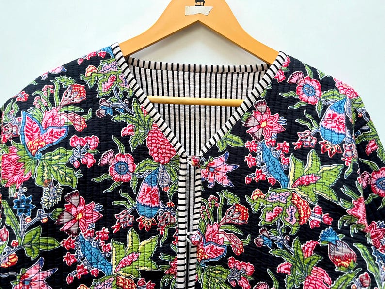 Cotton Women's Quilted Jacket Block Printed Boho Style Quilted Handmade