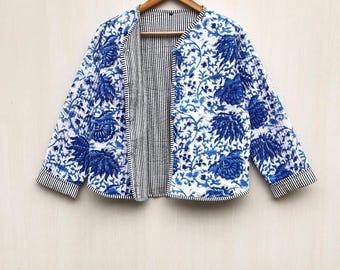 Giacca trapuntata in cotone con stampa a blocchi: stile boho fatto a mano