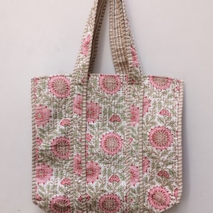 Gesteppte Baumwolle handbedruckt reversibel große mehrfarbige Blumen Einkaufstasche Umweltfreundliche nachhaltige robuste Einkaufstasche handgemachte Boho Tasche