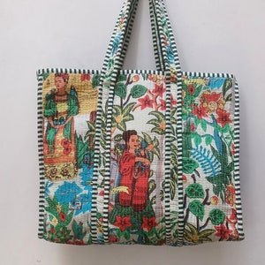 Frida Print Quilted Tote Bag: Handmade Indian Cotton Shoulder Bag