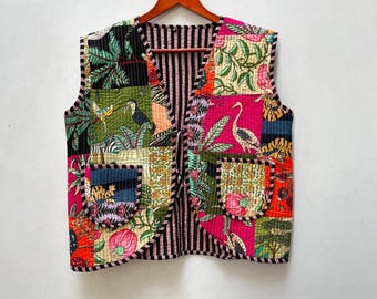 Patchwork Quilted Cotton Jacket: Floral Bohemian Reversible Vest