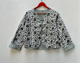 Block Printed Cotton Quilted Jacket - Boho Handmade Women&#39;s Coat