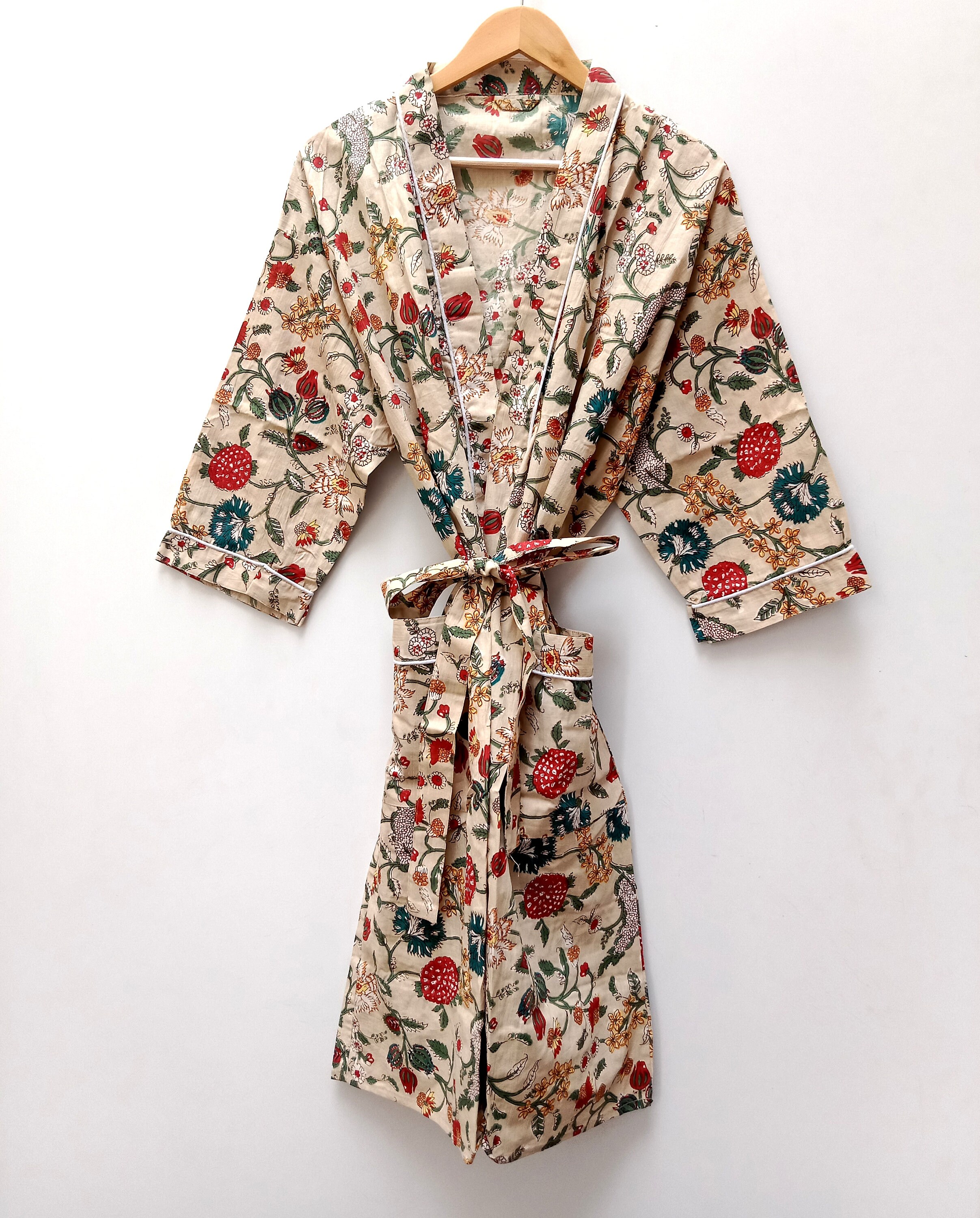 Hand Block Print Cotton Kimono Robe: Beige Floral Dressing Gown