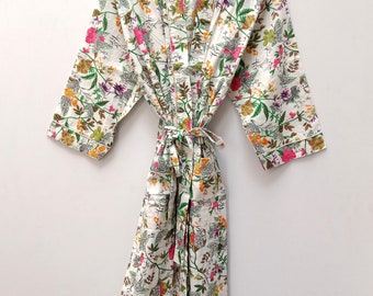 Kimono en coton, Robe de chambre pour femmes, Peignoir en coton imprimé floral à bloc à la main, Robes indiennes, Body Crossover, Beach Coverups Night Maxi