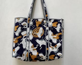 ヴィンテージ風花柄キルティングトートバッグ：手刷りボヘミアン