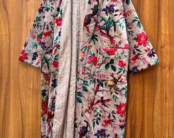Peignoir kimono en velours à imprimé oiseaux, veste en velours de coton