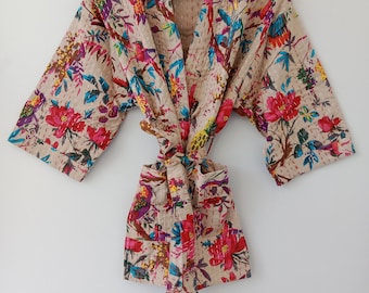 Handmade Indian Cotton Kantha Kimono: Floral Block Print Jacket