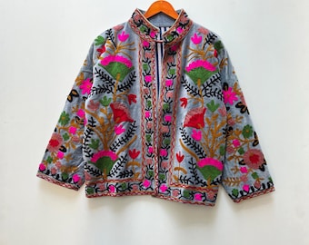 Handmade Velvet Suzani Jacket: Embroidered Floral Indian Coat