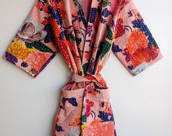 Handmade Floral Quilted Kimono Jacket: Bohemian Kantha Coat