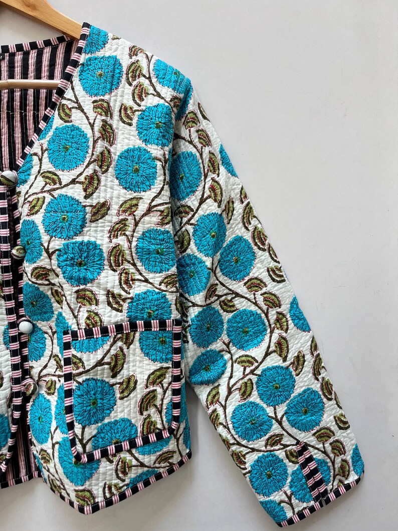 Cotton Women's Quilted Jacket Block Printed Boho Style Quilted Handmade
