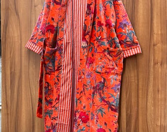 Orange Bird Print Velvet Robe: Cotton Kimono Jacket