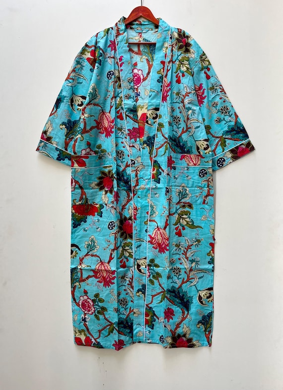 printed cotton dressing gown Hand-Printed Cotton Kimono Robe: Boho Dressing Gown, Lightweight Organic Cotton