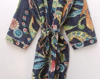 Peignoir en kantha à imprimé oiseaux, tenue de plage, robe de chambre en coton, peignoir de bain, robe portefeuille, kimono tenue de nuit, cadeau pour elle