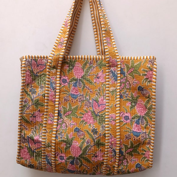 Quilted Cotton Handprinted Reversible Large multicolor Floral Tote Bag Eco friendly Sustainable Sturdy Grocery Shopping Handmade Boho bag