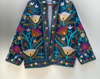 Hand Embroidered Suzani Velvet Jacket: Indian Floral Coat