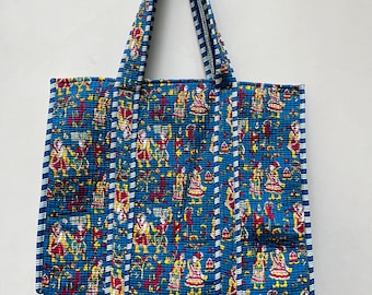 Borsa tote in cotone trapuntato stampato a mano: borsa da viaggio con motivo floreale indiano