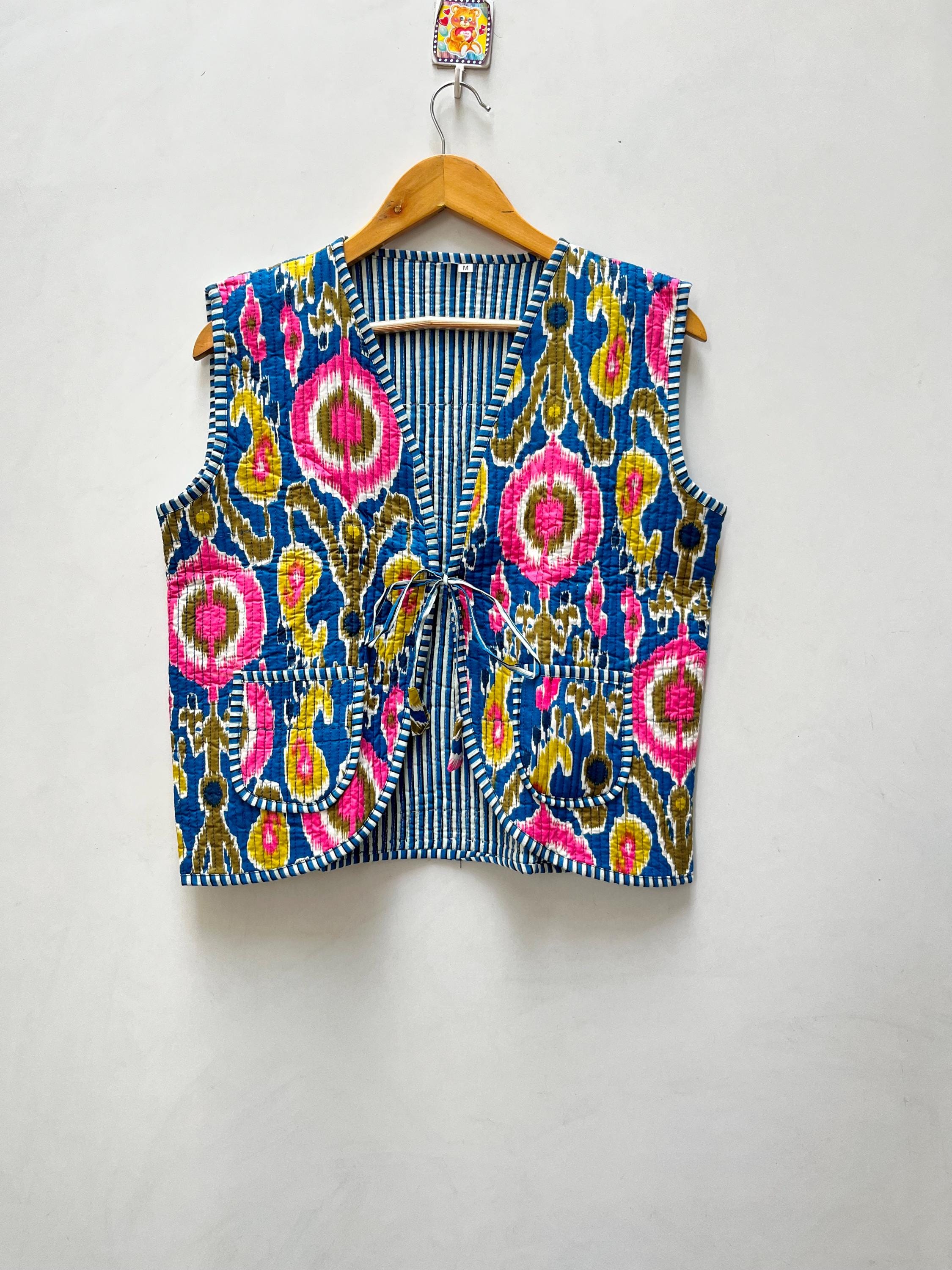 Cotton Quilted Vest: Vintage Style Floral Block Print Waistcoat