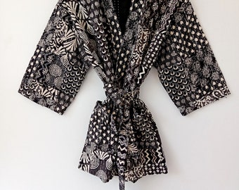 Handmade Kantha Quilted Kimono Jacket: Indian Block Print Cotton Robe