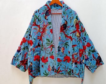 Floral Print Velvet Kimono Jacket: Handmade Reversible Quilt Coat
