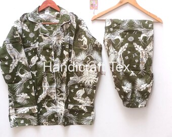 Indian Cotton Pajama Set: Animal Print Bohemian Sleepwear