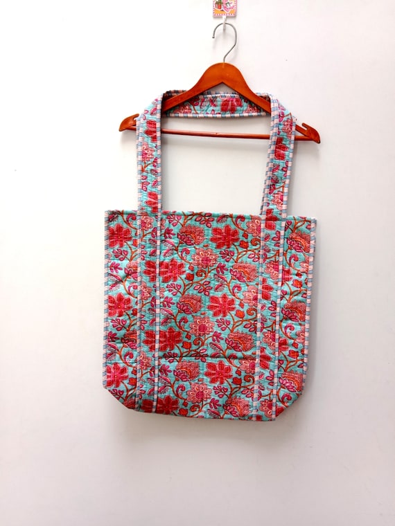Flower Printed Tote Bag, Cotton Quilted Market Bag, Handmade Flower Printed Tote Bag, Cotton Quilted Market Bag, Handmade