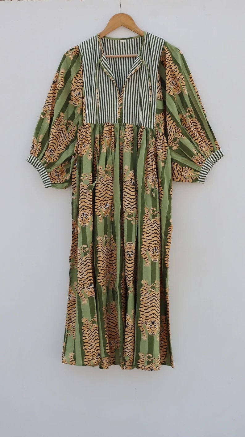 Olive Stripe Tiger Midi Dress, Mini Dress, Long Block Print Dress, Deep ...