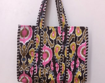 Quilted Cotton Handprinted Reversible Large multicolor Floral Tote Bag Eco friendly Sustainable Sturdy Grocery Shopping Handmade Boho bag