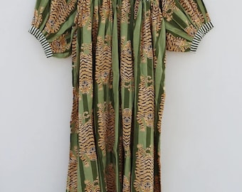 Olive Stripe Tiger Print Cotton Gauze Dress