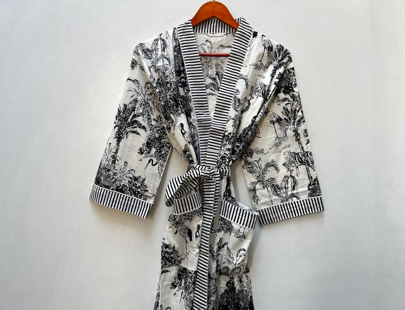 Cotton Kimono Robe Dressing Gown, Block Print Bridesmaid Robe, Summer