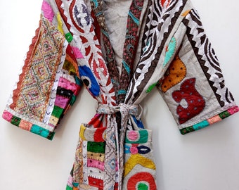 Indische handgemachte Kantha Steppjacke, Patchwork Jacke, Stickerei Jacke, Schnitt Arbeit Kimono, lange Jacke, Vintage Jacke,