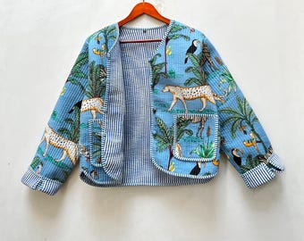 Block Printed Quilted Jacket: Tiger Jungle Print, Handmade Cotton Coat