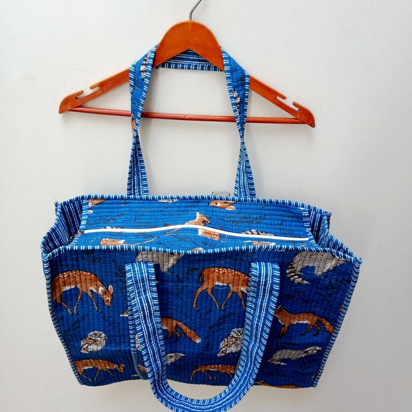 Handmade Quilted Tote Shopping Bag, Animal  Print Cotton Market Bag, Jhola Bag, Hippie Bag, Market Bag Sturdy Grocery Shopping Boho bag