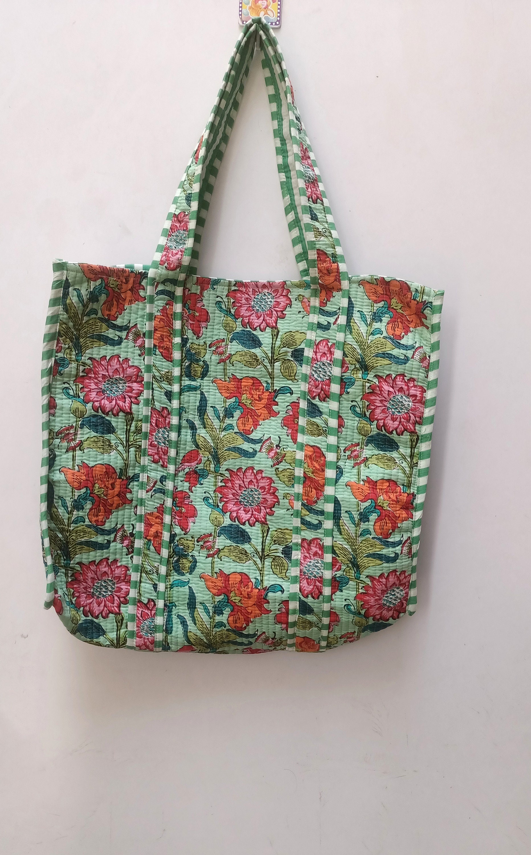 Reversible Cotton Quilted Tote - Teal Monochrome Leaves main image 0