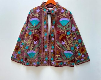 Handmade Suzani Embroidered Velvet Jacket: Bohemian Festival Kimono