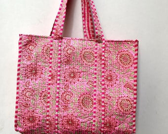 Handmade Quilted Floral Tote Bag: Reversible Cotton Shopper