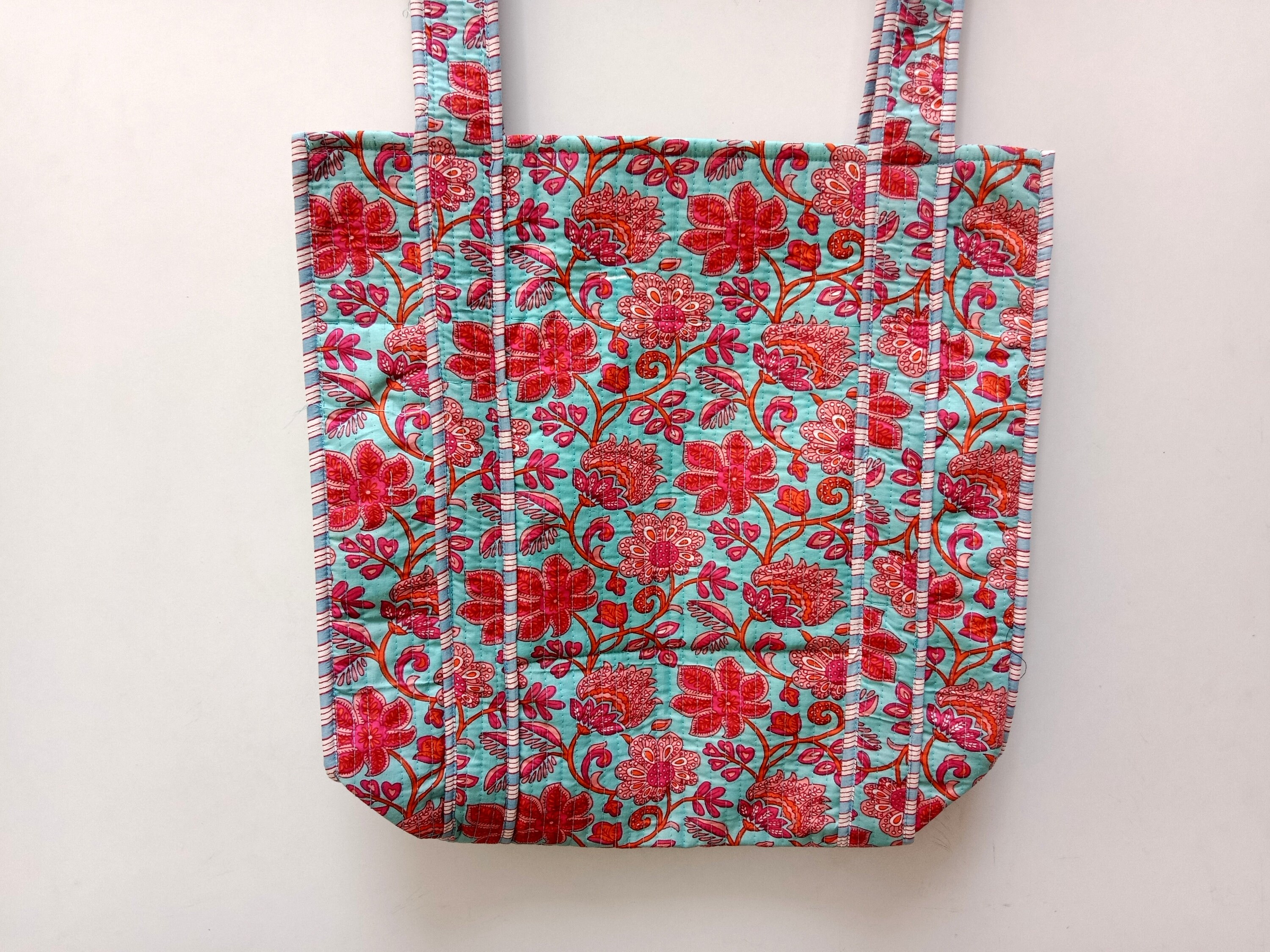 Flower Printed Tote Bag, Cotton Quilted Market Bag, Handmade Flower Printed Tote Bag, Cotton Quilted Market Bag, Handmade
