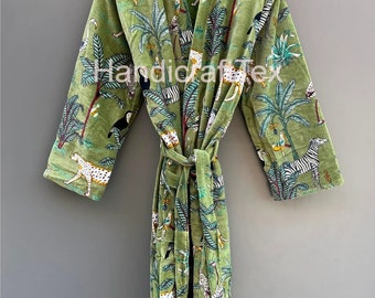 Grüne Dschungel Print Samt Kimono Roben, Morgen Tee Samtmantel, Brautjungfer Robe, Frauen tragen Baumwollsamt Robe, Samtjacke, Braut Robe