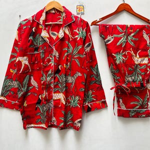 Pyjama imprimé tigre jungle avec sac, pyjama de nuit, pyjama de demoiselle d'honneur, pyjama pour femme, pantalon et chemise en coton, cadeau pour elle