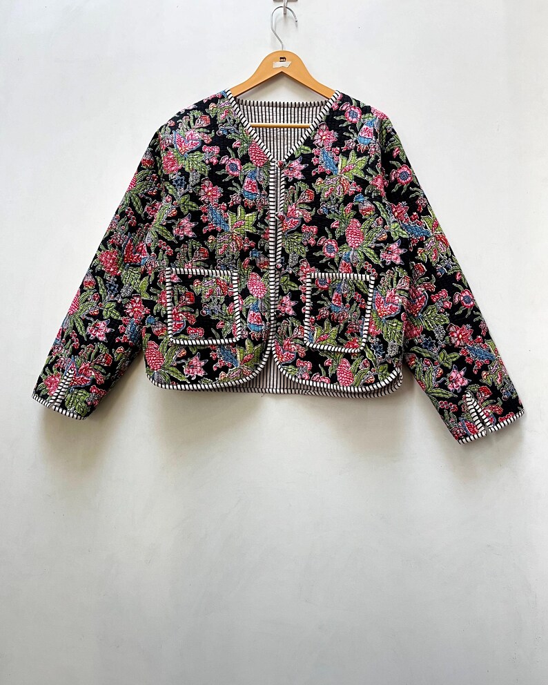 Cotton Women's Quilted Jacket Block Printed Boho Style Quilted Handmade