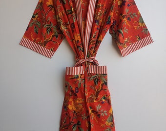 Robe kimono longue en coton imprimé oiseau, robe kimono, cardigan Boho unisexe, vêtements de plage 100 % pur coton