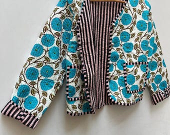 Handmade Cotton Quilted Kimono Jacket: Vintage Floral Boho Coat