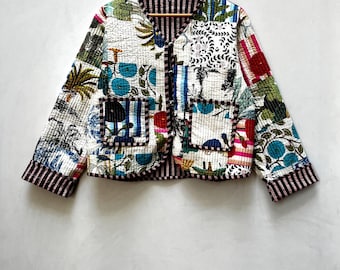 Handmade Cotton Patchwork Kantha Jacket: Bohemian Quilted Coat