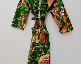 LIVRAISON EXPRESS-Robes kimono en coton pour femmes, Kimono à imprimé floral vert, Robe de nuit douce et confortable, robe portefeuille, Robe de chambre Orange Robe