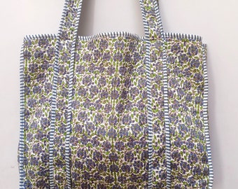 Quilted Cotton Handprinted Reversible Large multicolor Floral Tote Bag Eco friendly Sustainable Sturdy Grocery Shopping Handmade Boho bag