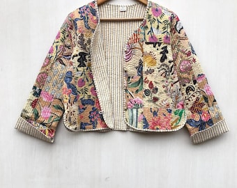 Block Printed Quilted Jacket, Boho Patchwork Coat, Handmade Indian Cotton Outerwear