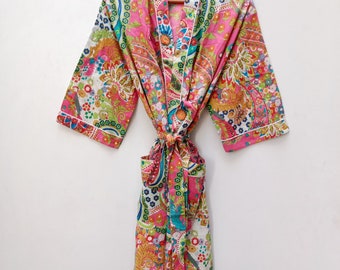 Robes kimono en coton pour femmes, robe de chambre indienne unisexe, imprimé bloc, couverture de plage, cadeaux de demoiselle d'honneur, couleur Orange