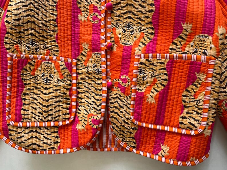 Tiger Print Quilted Jacket Block Printed Boho Style Quilted Handmade