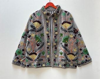 Handmade Suzani Embroidered Velvet Jacket: Bohemian Festival Coat