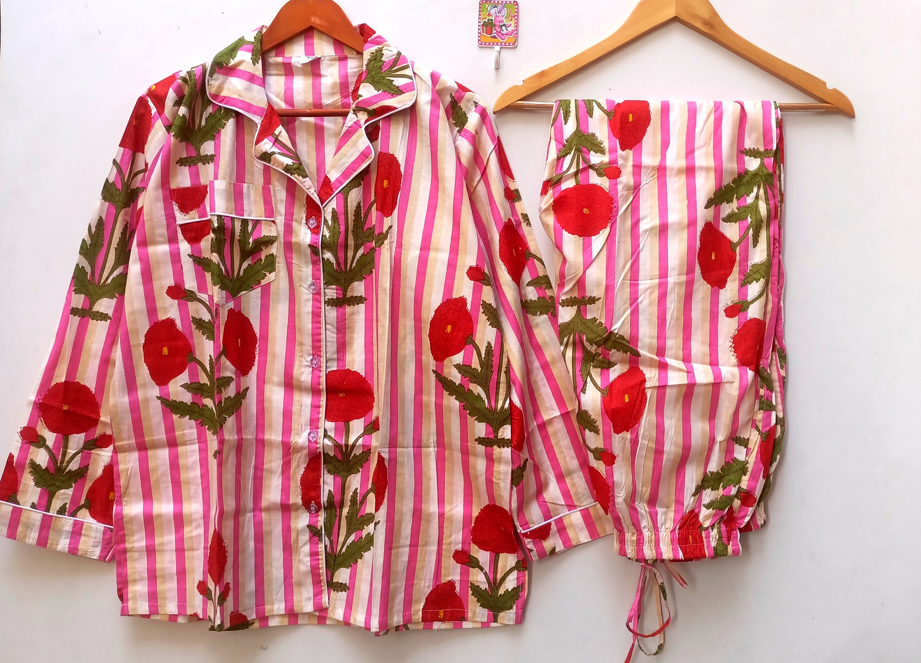 Handblock Floral Cotton Pajama Set: Indian Night Suit
